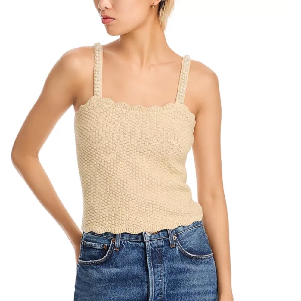 AQUA Faux Pearl Embellished Knit Tank – Light Beige, NWT, Size Medium